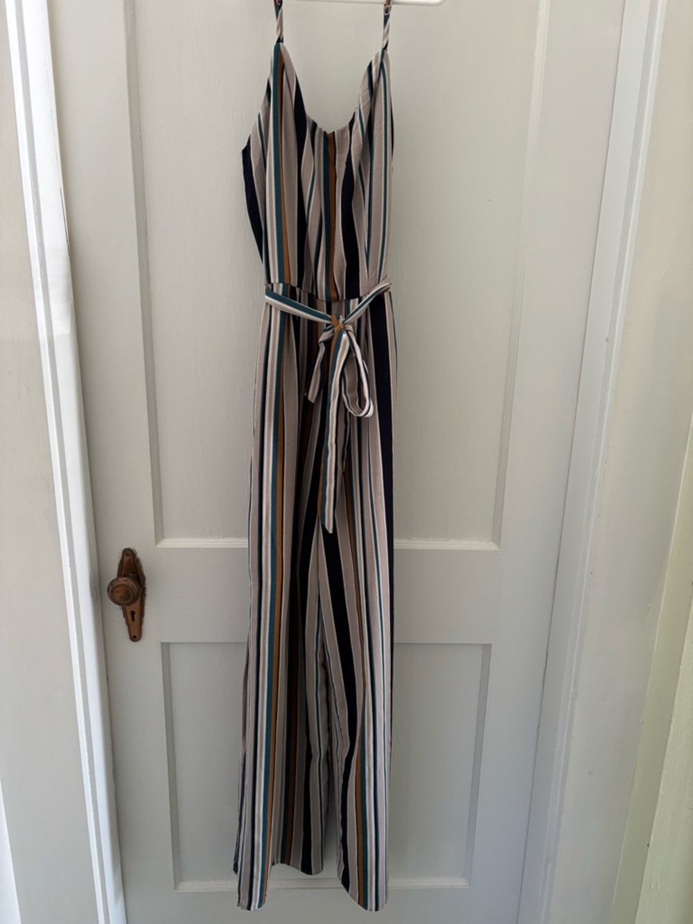 Striped Wide-Leg Jumpsuit in Navy, Mustard, Tan & White